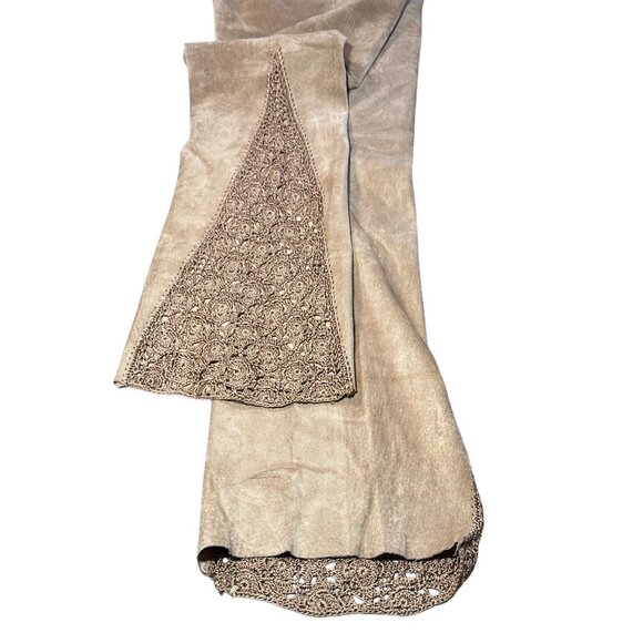 Cache Suede Pants with Hand Crochet Peekaboo Insert at Bottom Camel Tan Sz 2 - Picture 1 of 14